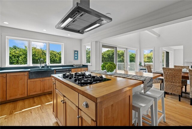 kitchen featuring black appliances, a center island, island range hood, light hardwood / wood-style flooring, and wood counters