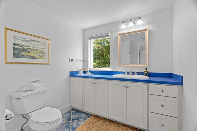 bathroom featuring toilet, tile patterned floors, and vanity