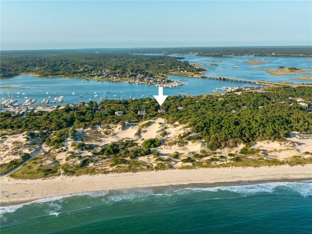 birds eye view of property with a water view and a view of the beach