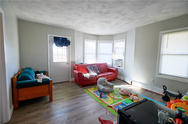 living room featuring hardwood / wood-style flooring and a textured ceiling