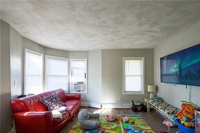 living room with a textured ceiling, plenty of natural light, and hardwood / wood-style floors