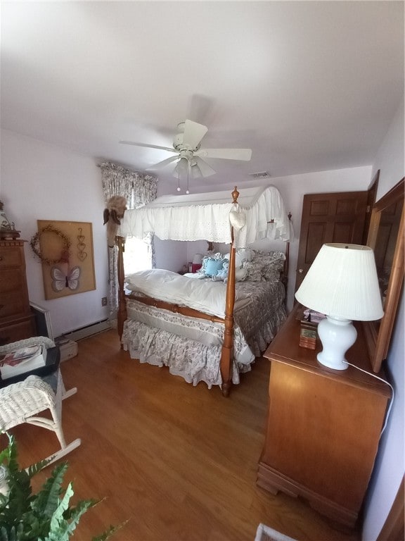 bedroom with ceiling fan and wood-type flooring