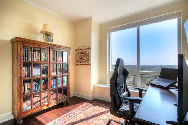 home office featuring dark hardwood / wood-style flooring and crown molding