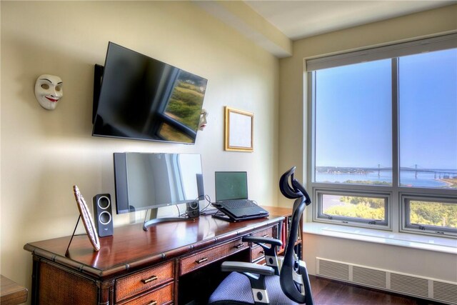 office with dark hardwood / wood-style floors