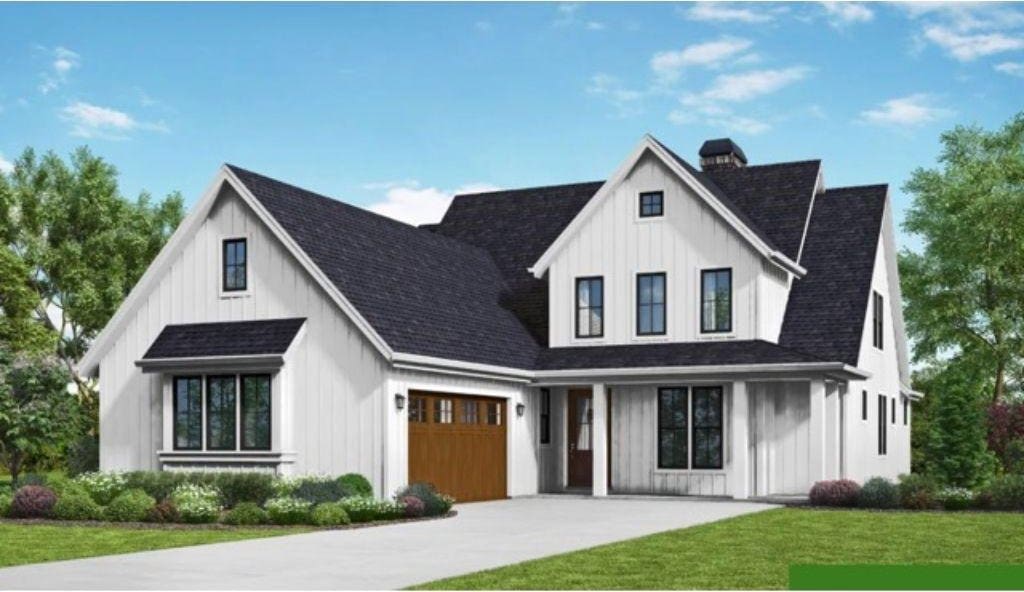 103 Ashaway Rd, Westerly, RI 02891 - modern farmhouse with board and batten siding, driveway, a garage, a front lawn, and a chimney