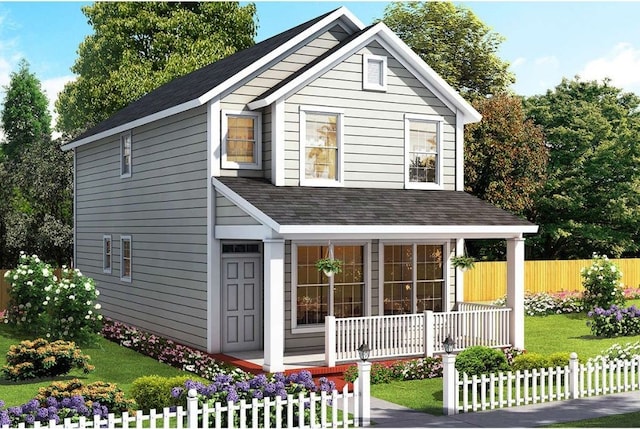 view of front of home with covered porch and a front yard