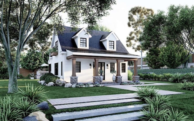 view of front facade with a front yard and covered porch