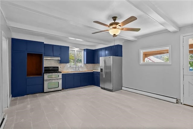 kitchen with beam ceiling, a baseboard radiator, stainless steel appliances, ceiling fan, and blue cabinetry