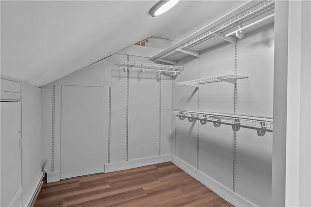 spacious closet featuring lofted ceiling and hardwood / wood-style floors