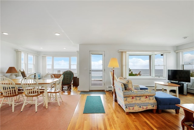 living room featuring light hardwood / wood-style flooring, baseboard heating, and plenty of natural light