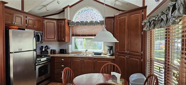 kitchen with wood-type flooring, sink, lofted ceiling, rail lighting, and stainless steel appliances