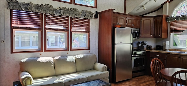 kitchen with appliances with stainless steel finishes, dark wood-type flooring, and a wealth of natural light