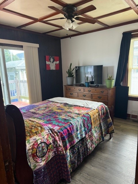 bedroom with wood-type flooring, ceiling fan, access to exterior, and crown molding