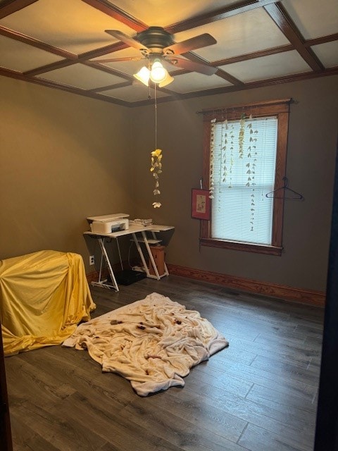 interior space featuring ceiling fan, dark hardwood / wood-style floors, and coffered ceiling