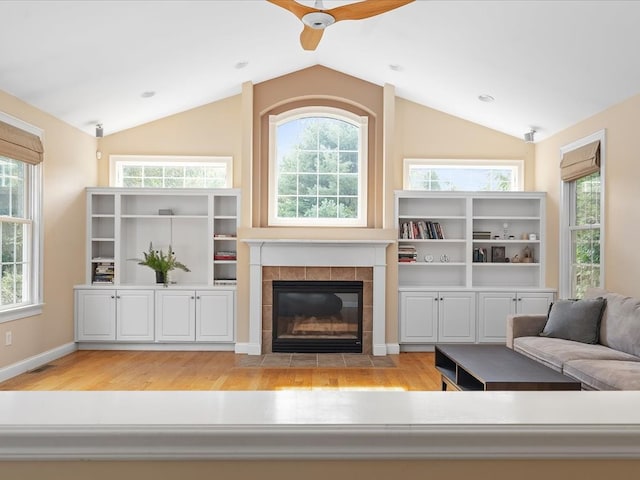 living room with a wealth of natural light and vaulted ceiling