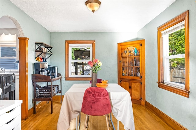 dining area featuring a textured ceiling, light hardwood / wood-style flooring, and a healthy amount of sunlight