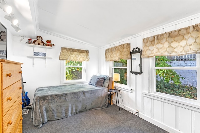 bedroom with lofted ceiling, ornamental molding, and carpet