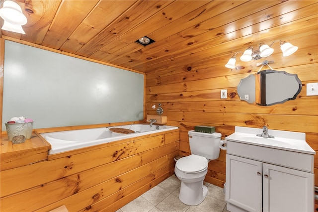 bathroom featuring vanity, a bathtub, toilet, wood ceiling, and tile patterned flooring