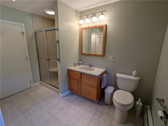 bathroom featuring vanity, a baseboard radiator, toilet, and a shower with door