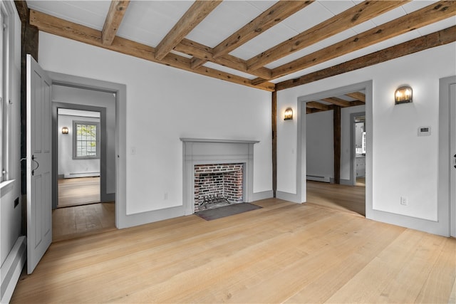 unfurnished living room with light hardwood / wood-style flooring, beam ceiling, and baseboard heating