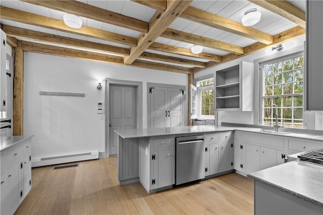 kitchen featuring dishwasher, light hardwood / wood-style floors, sink, beam ceiling, and kitchen peninsula