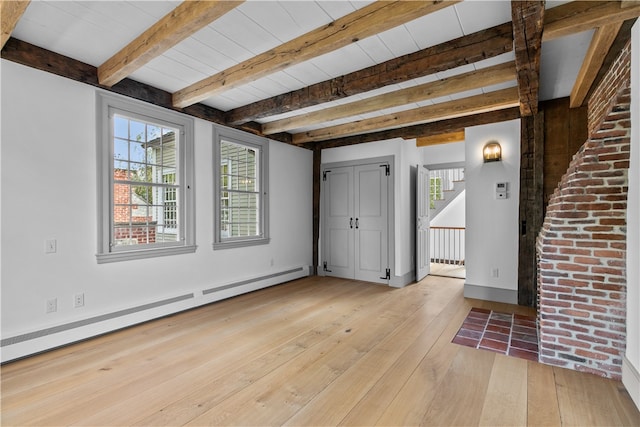 entryway featuring light hardwood / wood-style flooring, a baseboard heating unit, and beamed ceiling