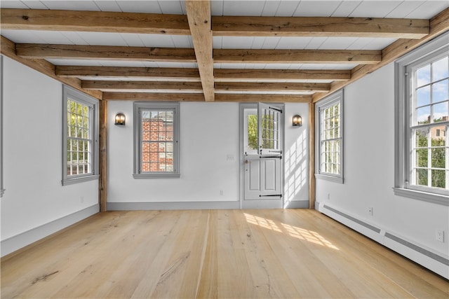 interior space featuring baseboard heating and beam ceiling