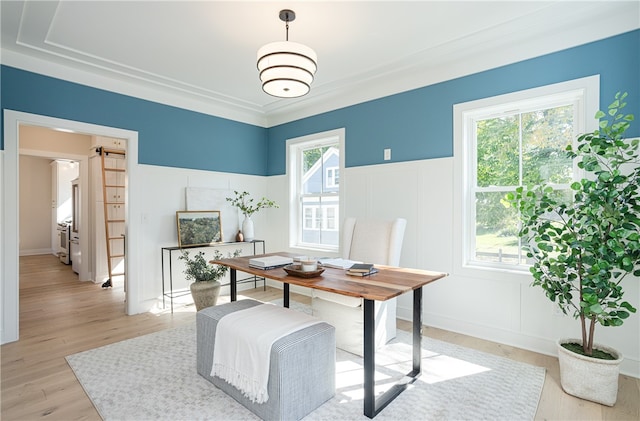 office space with a barn door, a healthy amount of sunlight, ornamental molding, and light hardwood / wood-style flooring