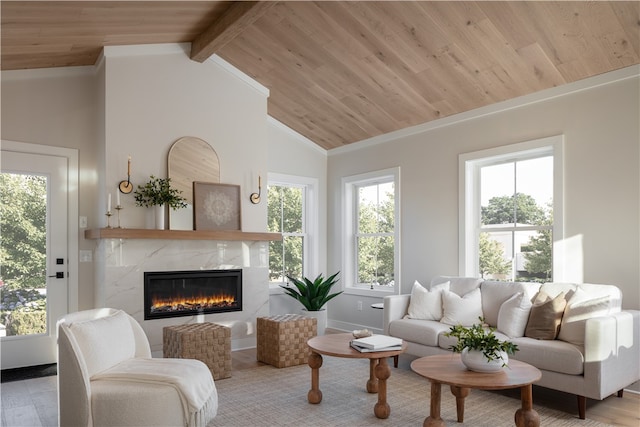 living room with a premium fireplace, light hardwood / wood-style floors, wooden ceiling, and lofted ceiling with beams