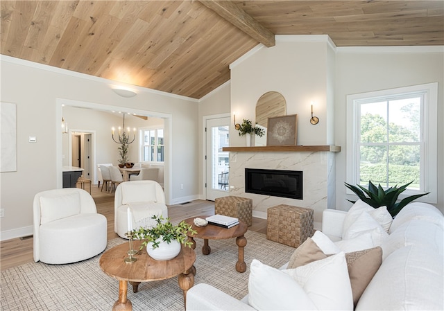 living room featuring light wood-type flooring, vaulted ceiling with beams, a premium fireplace, and plenty of natural light