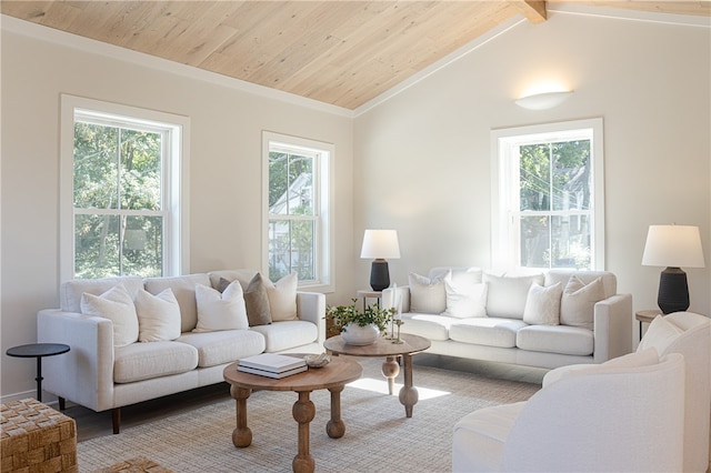 living room featuring lofted ceiling with beams, light hardwood / wood-style floors, crown molding, and wooden ceiling