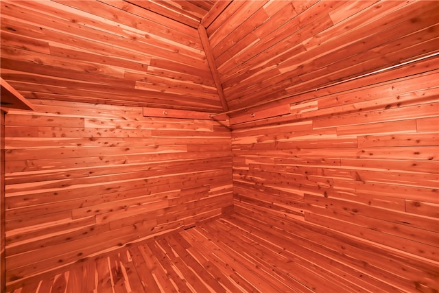 view of sauna / steam room with wooden walls and wood-type flooring