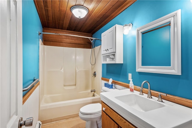 full bathroom with vanity, washtub / shower combination, wooden ceiling, and toilet