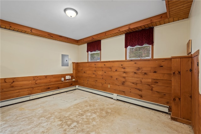 empty room with electric panel, wooden walls, and a baseboard radiator