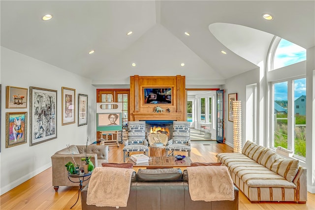 living room featuring high vaulted ceiling and light hardwood / wood-style flooring