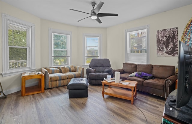 living room with hardwood / wood-style flooring, a healthy amount of sunlight, and ceiling fan