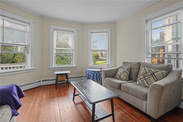 living room featuring crown molding, plenty of natural light, and dark hardwood / wood-style floors