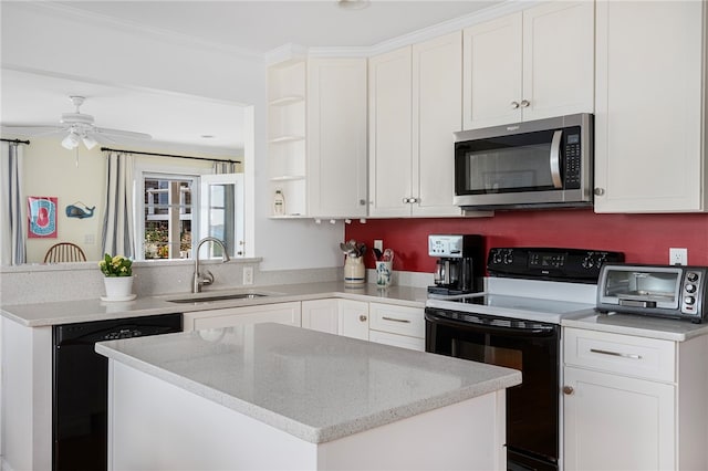 kitchen featuring white electric range oven, ceiling fan, sink, black dishwasher, and white cabinetry