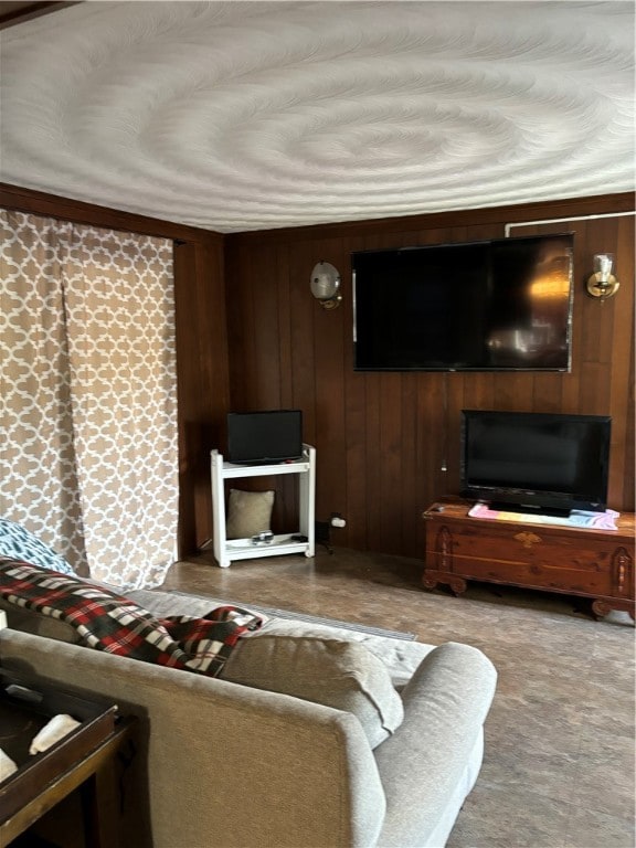 living room featuring wooden walls