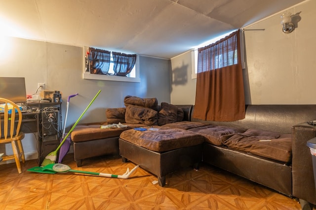 living room with parquet floors