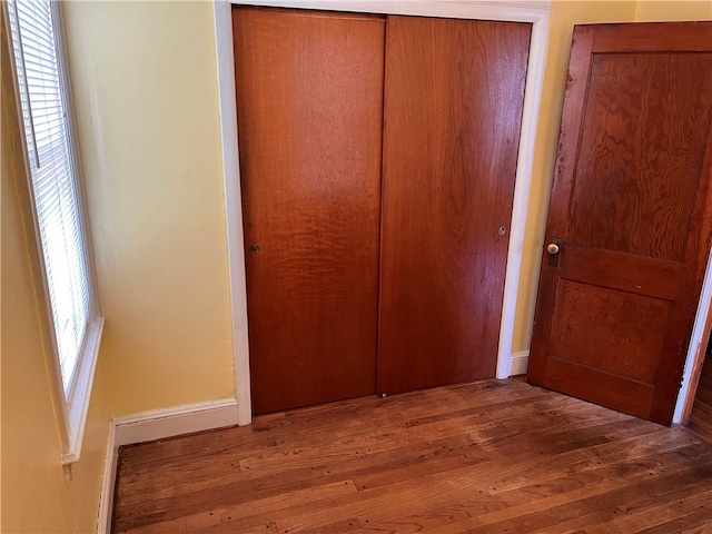 unfurnished bedroom featuring wood-type flooring and a closet