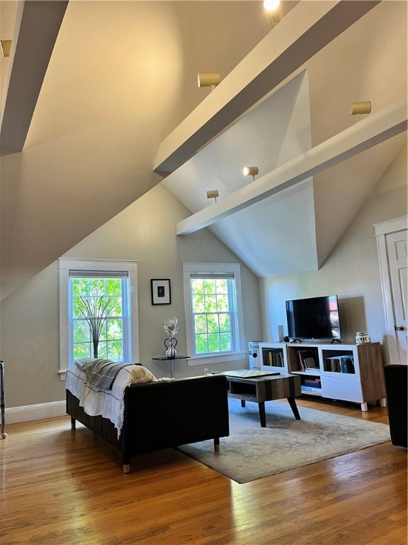 living room featuring hardwood / wood-style flooring, beamed ceiling, and plenty of natural light