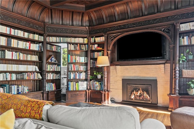 68 Kay St, Newport, RI 02840 - living area featuring ornamental molding, a fireplace, and wood finished floors
