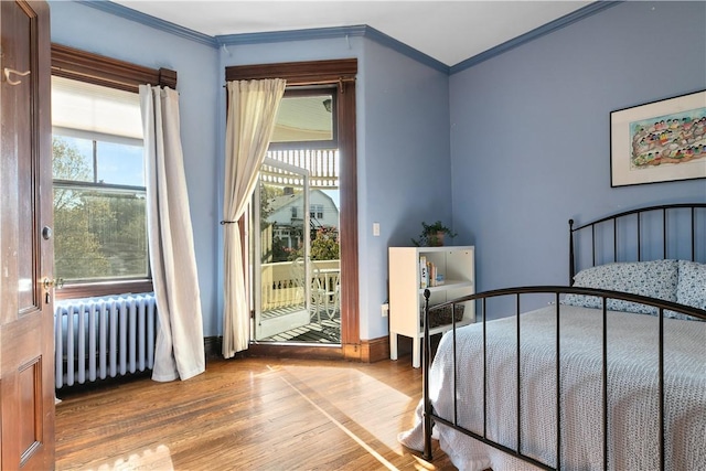 68 Kay St, Newport, RI 02840 - bedroom featuring wood finished floors, crown molding, radiator heating unit, and access to exterior