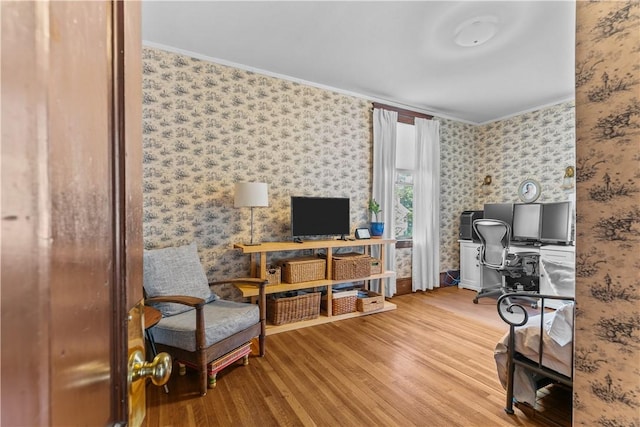 68 Kay St, Newport, RI 02840 - office area featuring wallpapered walls, ornamental molding, and wood finished floors