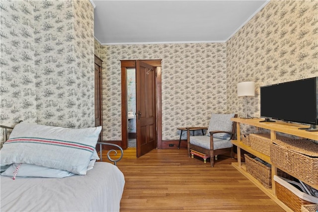 68 Kay St, Newport, RI 02840 - bedroom featuring baseboards, wallpapered walls, ornamental molding, and wood finished floors