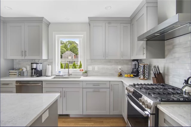 kitchen with sink, tasteful backsplash, wall chimney range hood, gray cabinets, and stainless steel appliances