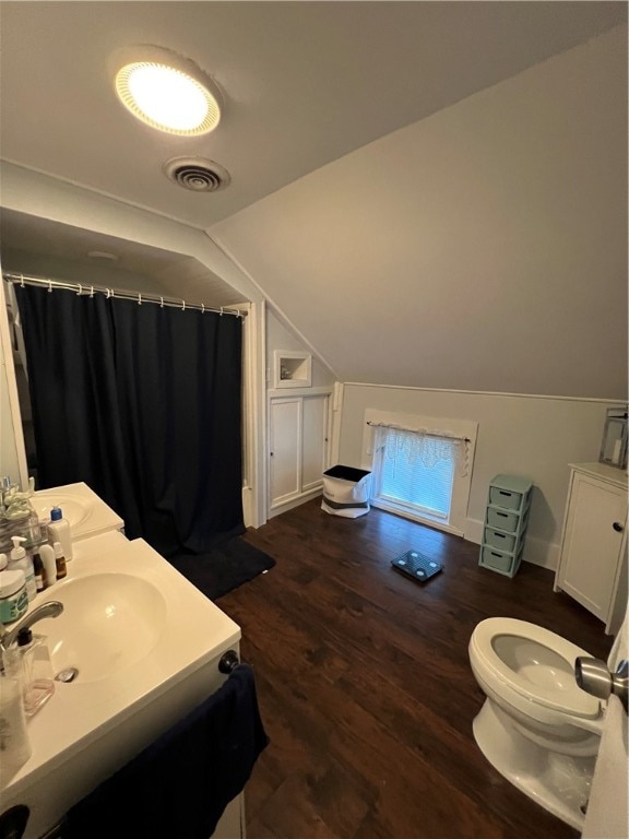 bathroom featuring vanity, lofted ceiling, wood-type flooring, and toilet