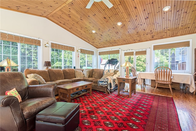 living room with hardwood / wood-style flooring, wooden ceiling, a wealth of natural light, and lofted ceiling