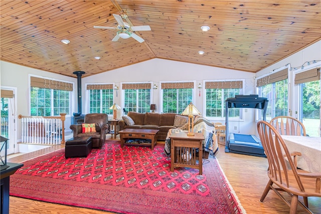 living room featuring lofted ceiling, a healthy amount of sunlight, wood ceiling, and hardwood / wood-style flooring